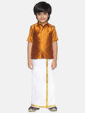 Sethukrishna Boys Mustard Brown & White Solid Shirt and Veshti Set | Grocsy