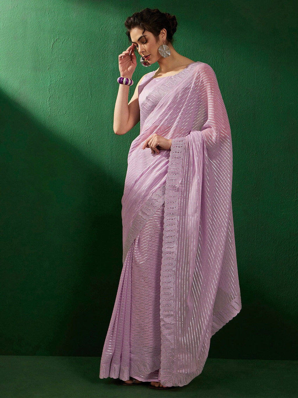 Sangria Mauve Embellished Pure Georgette Saree | Grocsy