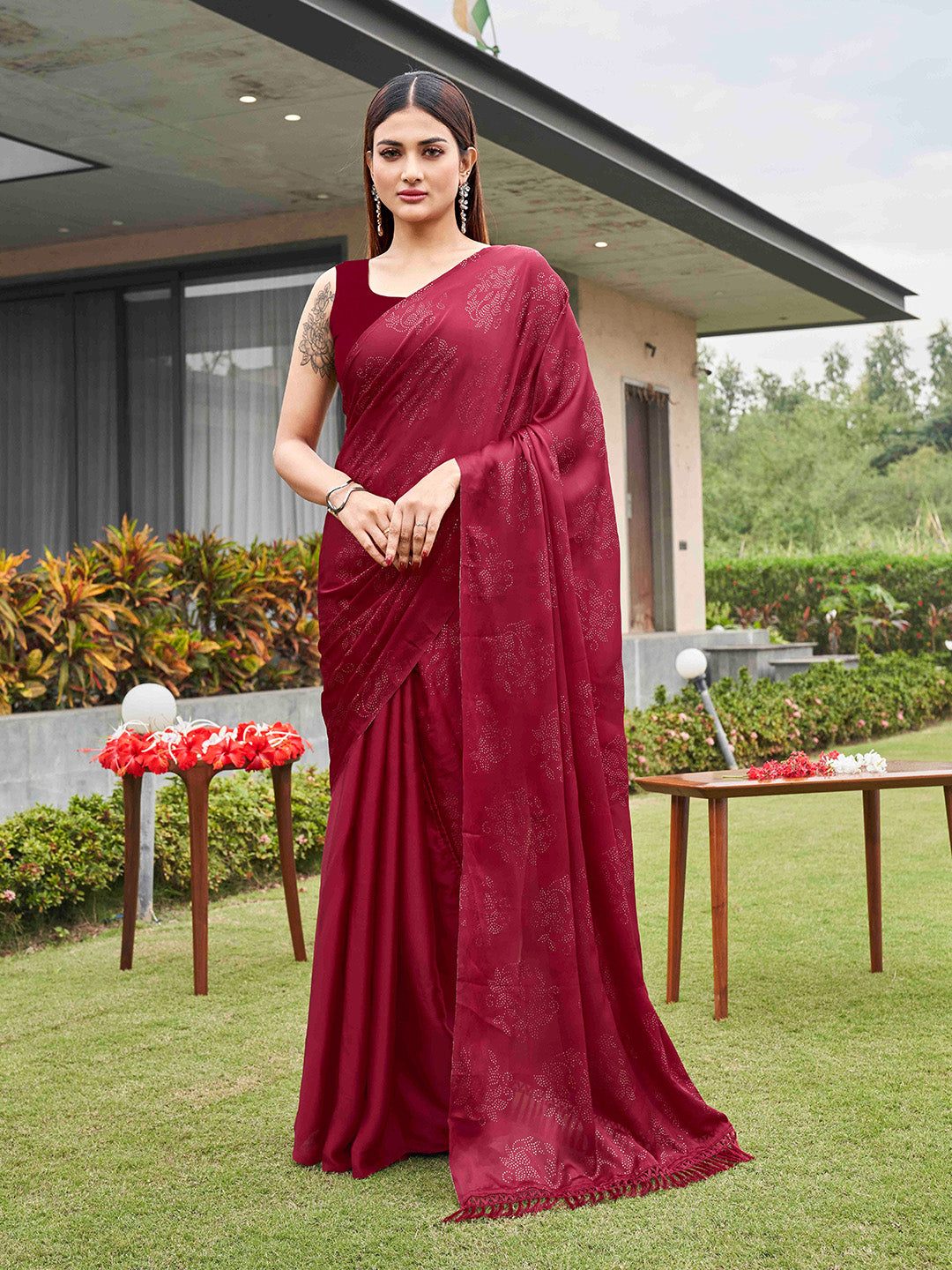 Tikhi Imli Embellished Half and half Satin Saree With Tassels | Grocsy