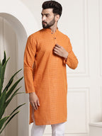 Sojanya Men Orange Dobby Self-Checked Straight Kurta | Grocsy