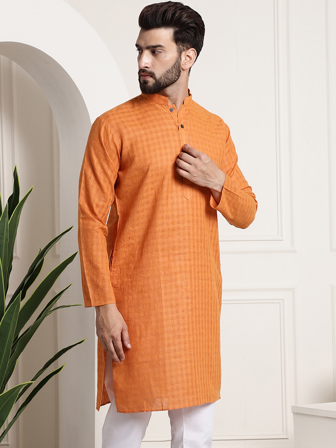 Sojanya Men Orange Dobby Self-Checked Straight Kurta | Grocsy