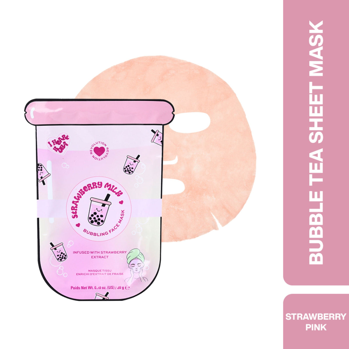Makeup Revolution Bubble Tea Strawberry Milk Bubble Sheet Mask - Strawberry Pink | Grocsy