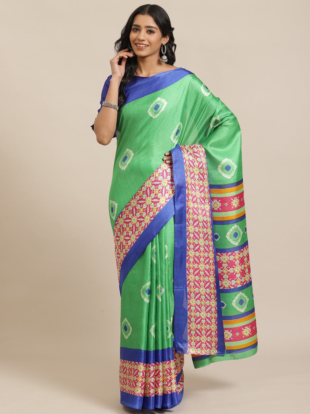Saree Mall Green & White Printed Saree | Grocsy