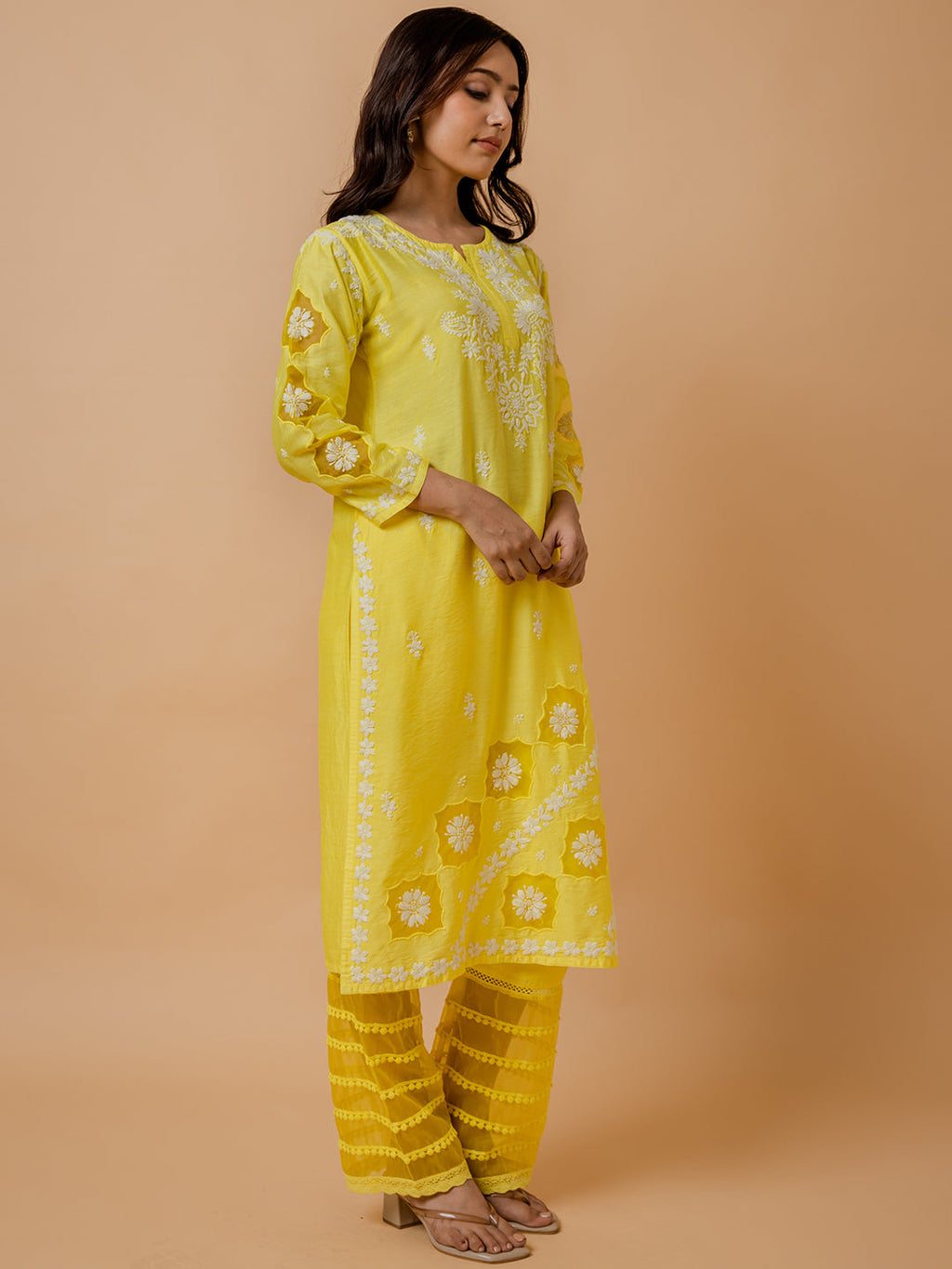 HOUSE OF KARI Ethnic Motifs Embroidered Round Neck Chikankari Chanderi Silk Kurta | Grocsy