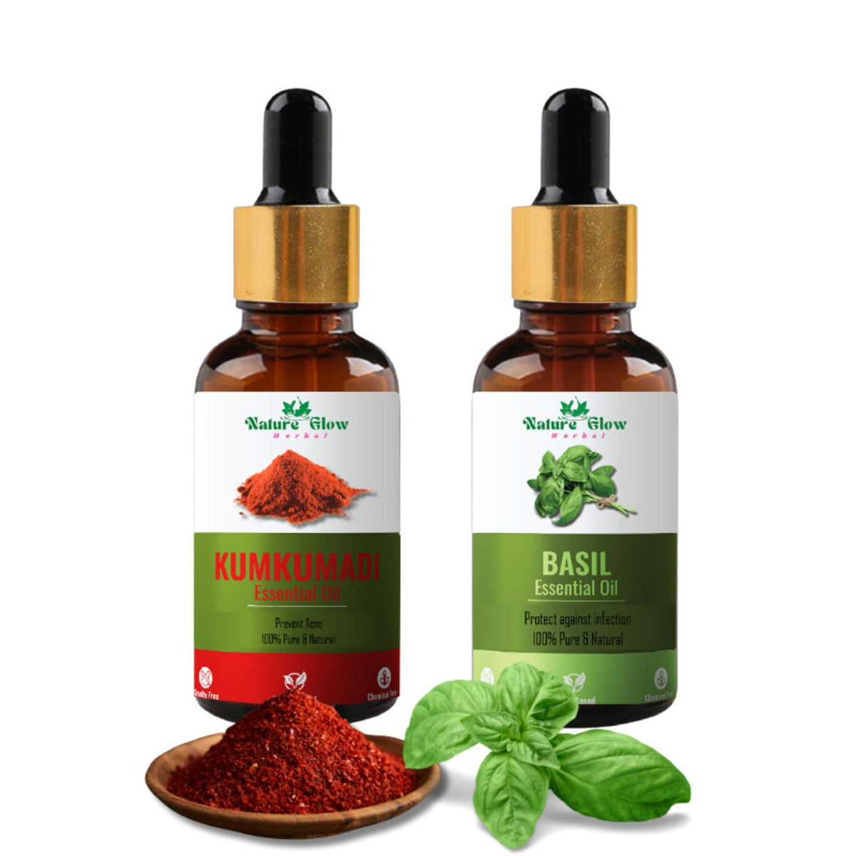 Nature Glow Herbal Kumkumadi & Basil Essential Oil Combo | Grocsy