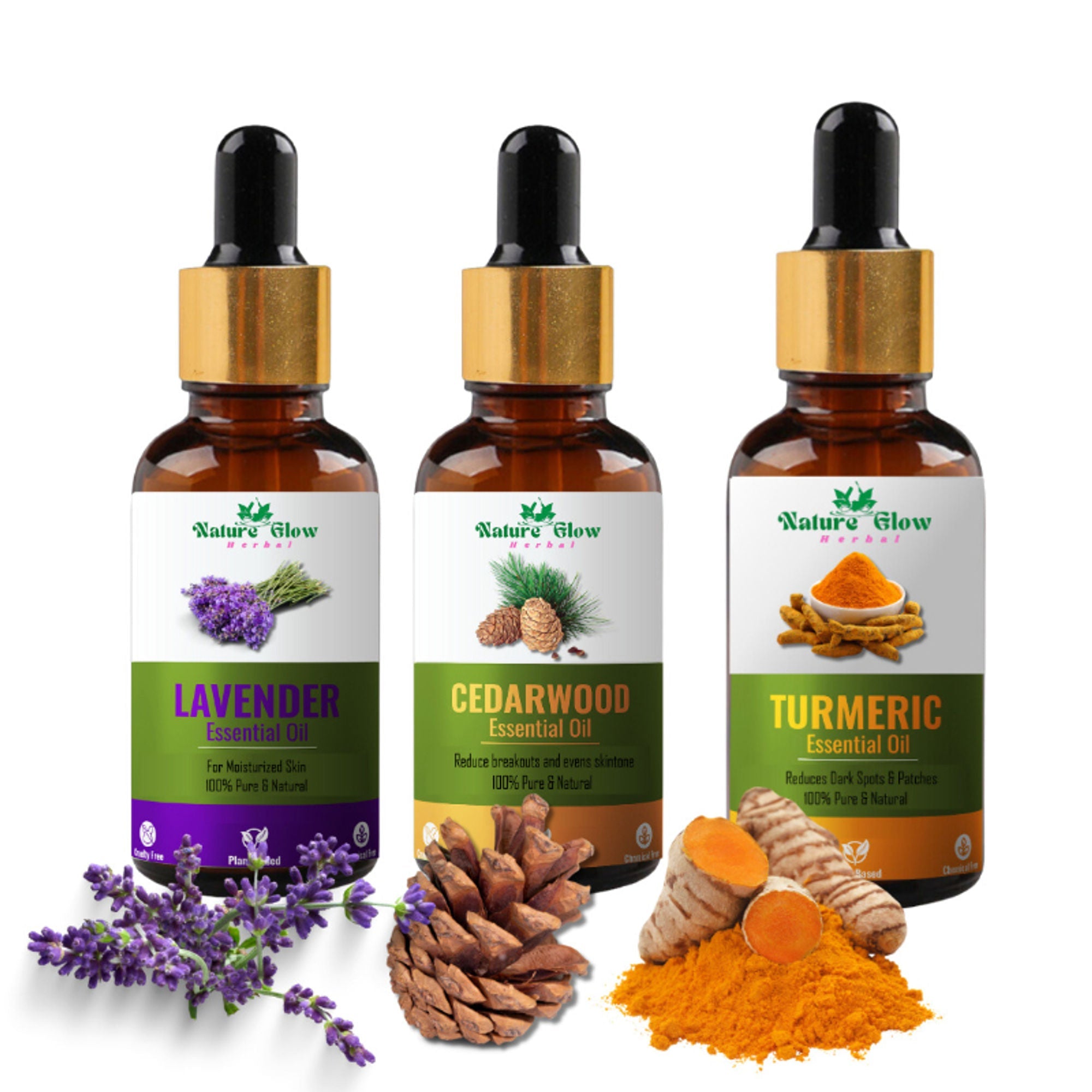 Nature Glow Herbal Lavender & Cedarwood & Turmeric Essential Oil Combo | Grocsy