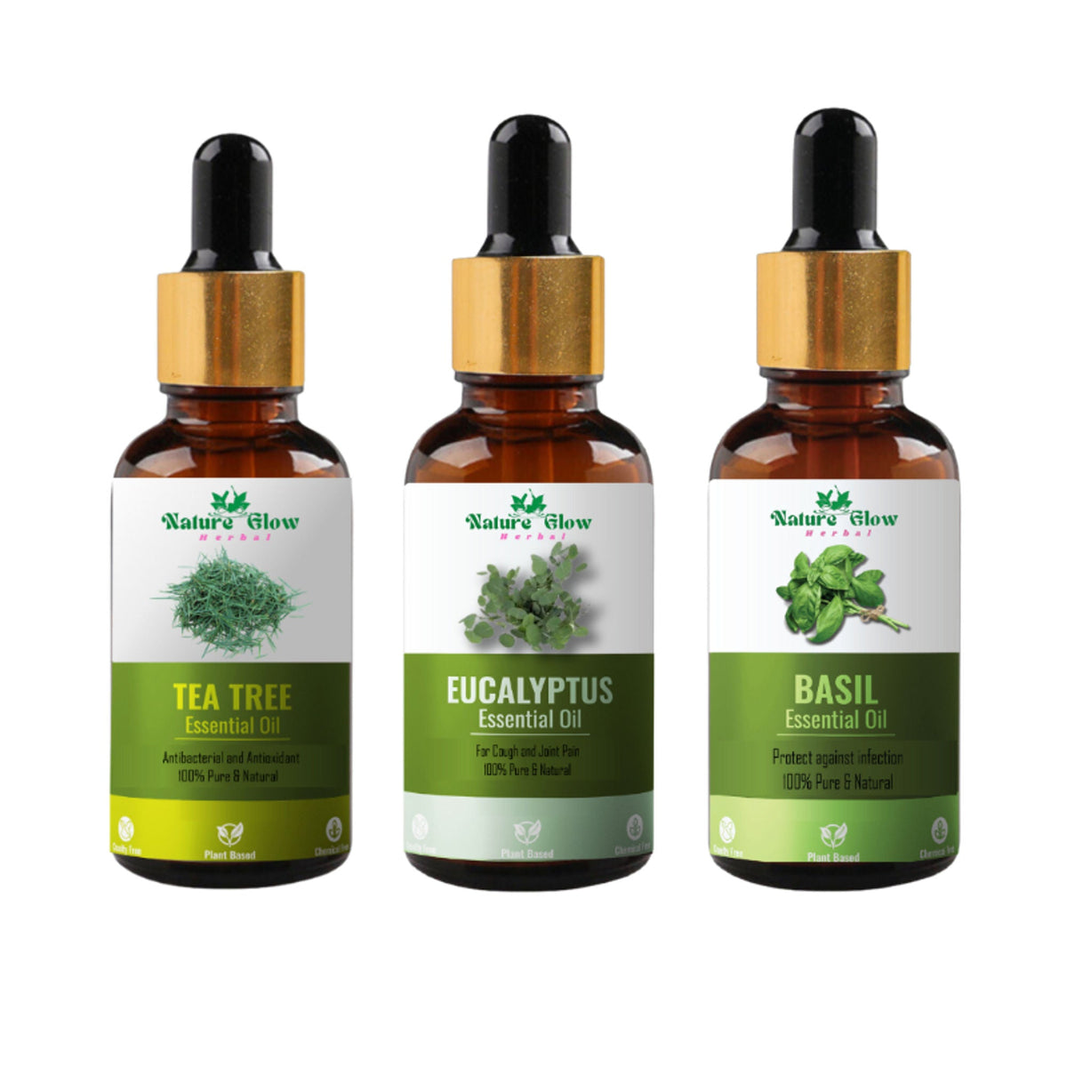 Nature Glow Herbal Tea Tree & Eucallypatus & Basil Essential Oil Combo | Grocsy
