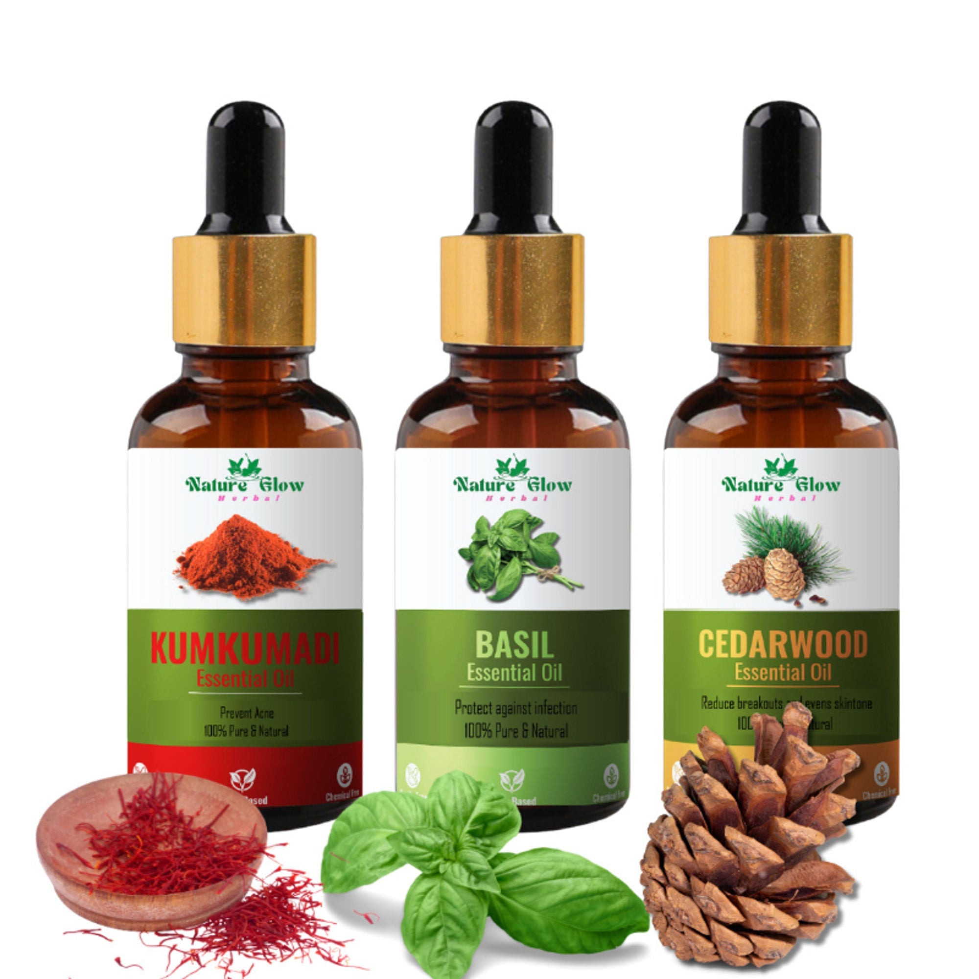 Nature Glow Herbal Kumkumadi & Basil & Cedarwood Essential Oil Combo | Grocsy