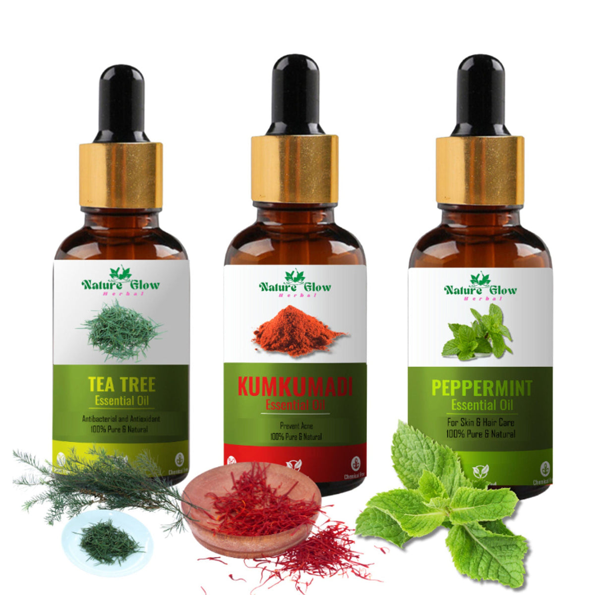 Nature Glow Herbal Tea Tree & Kumkumadi & Peppermint Esssential Oil Combo | Grocsy