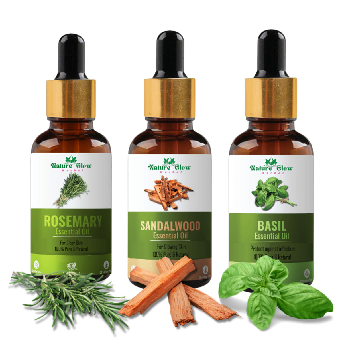 Nature Glow Herbal Rosemary & Sandalwood & Basil Essential Oil Combo | Grocsy