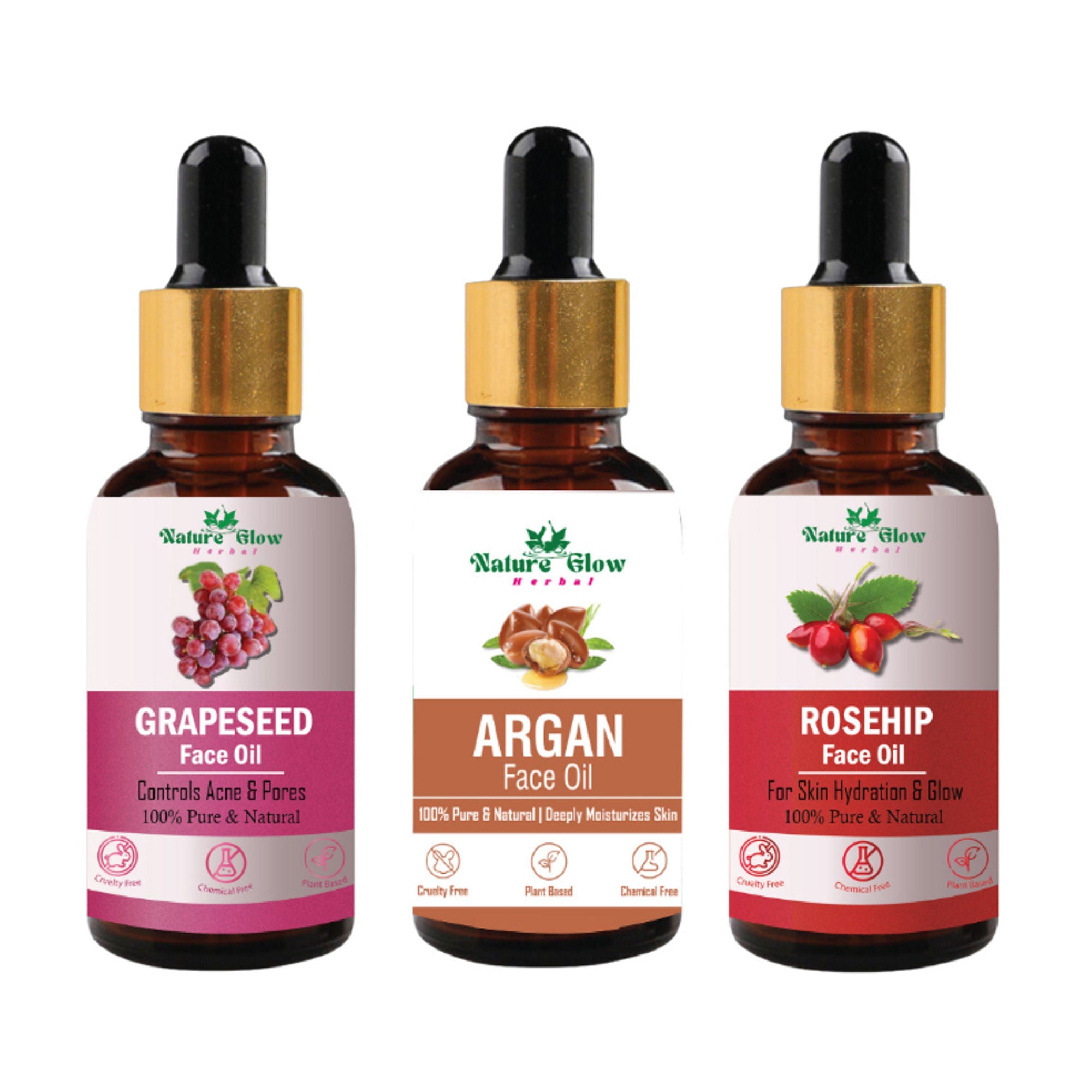 Nature Glow Herbal Grapeseed, Argan & Rosehip Facial Oil Combo | Grocsy