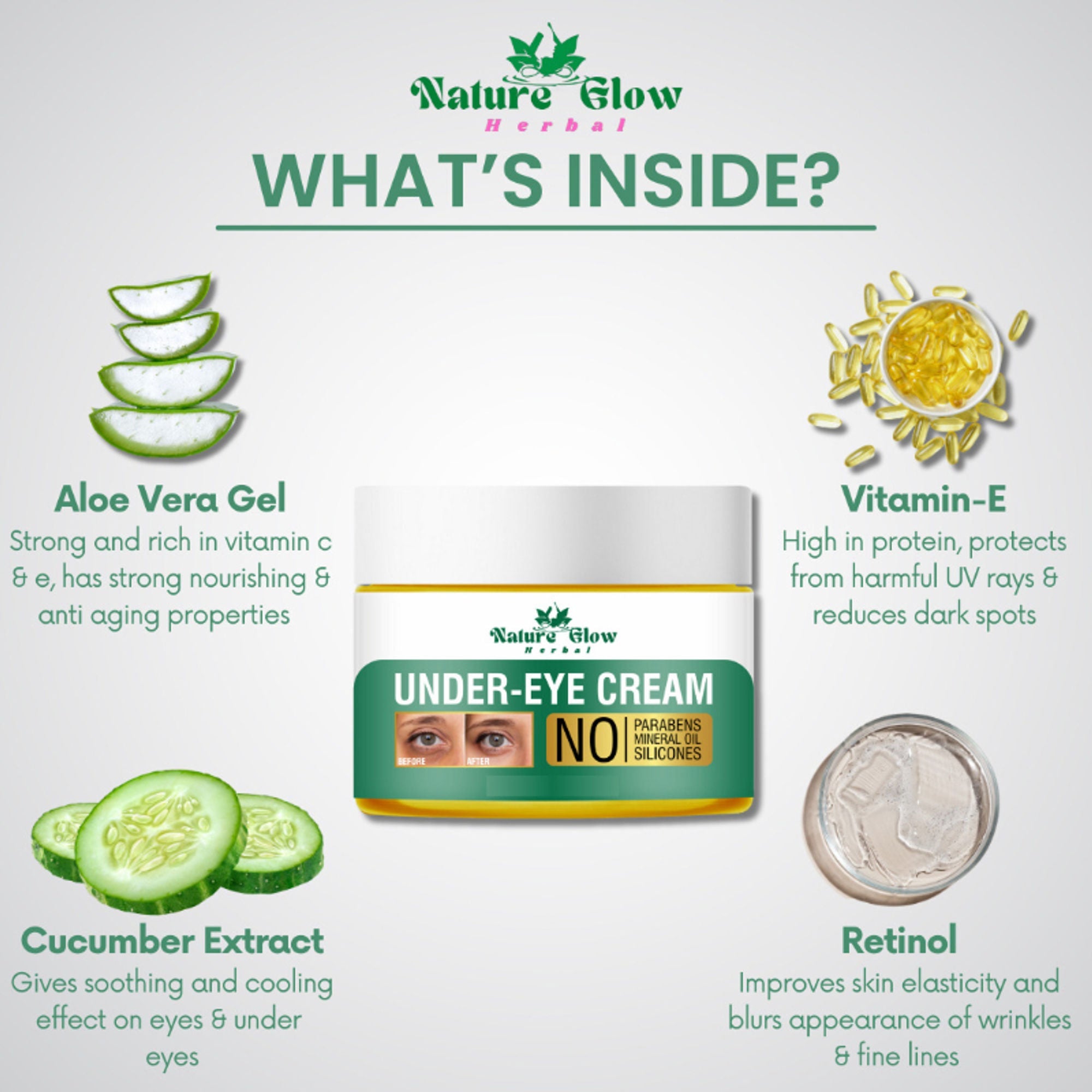 Nature Glow Herbal Under Eye Cream & Bluebery Roll On Combo | Grocsy