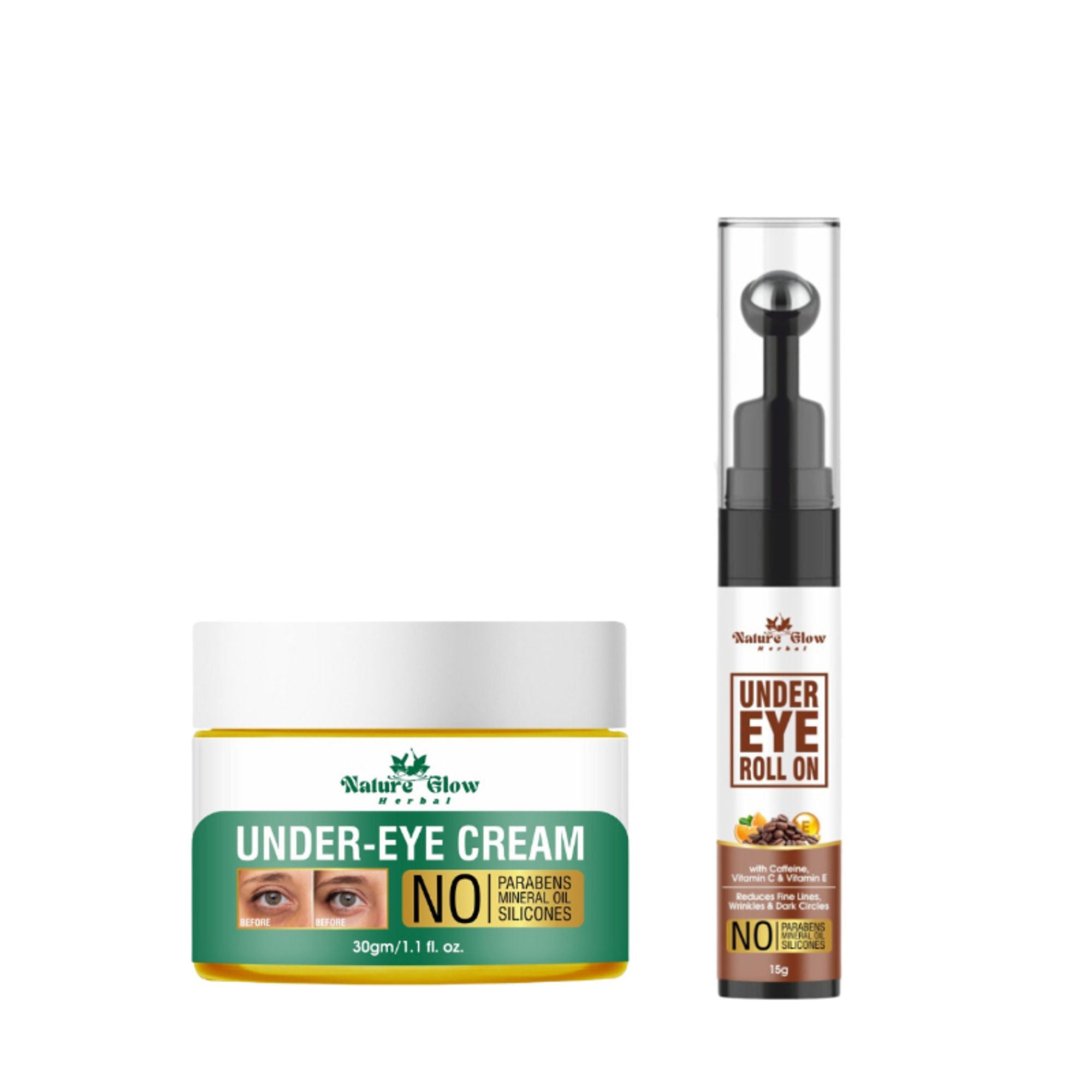 Nature Glow Herbal Under Eye Cream & Caffiene Roll On Combo | Grocsy