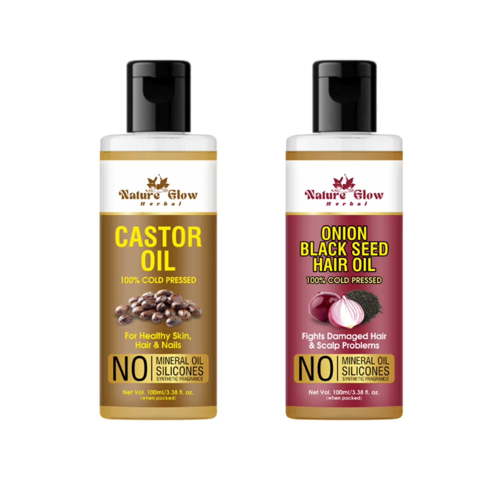 Nature Glow Herbal Castor & Onion With Black Seed Hair Oil Combo | Grocsy