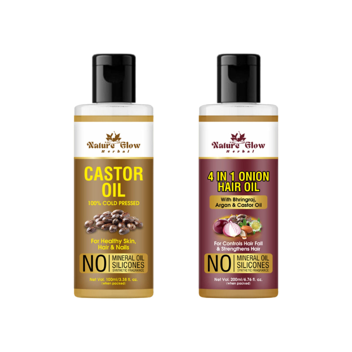 Nature Glow Herbal Castor Oil & 4 In 1 Hair Oil Combo | Grocsy