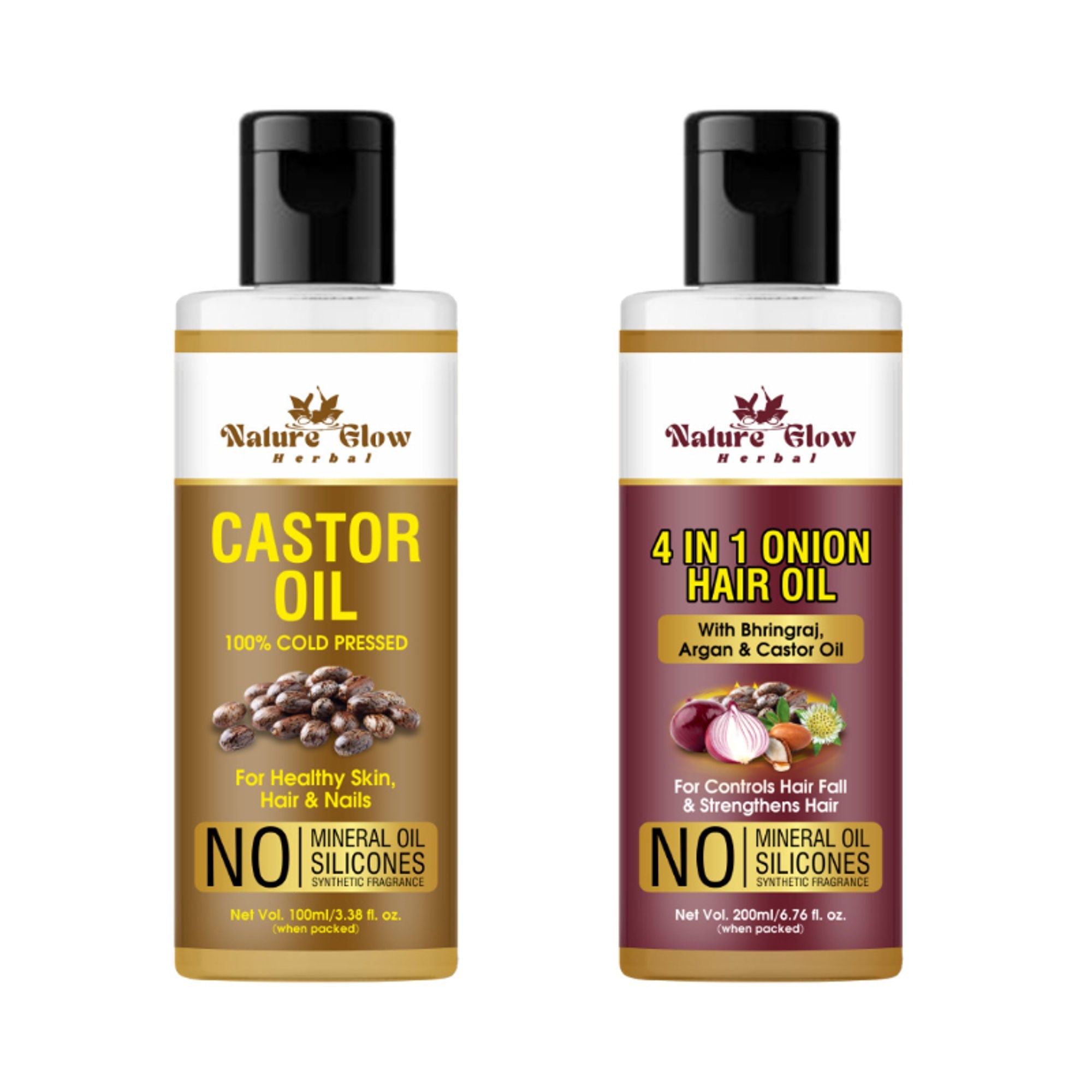 Nature Glow Herbal Castor Oil & 4 In 1 Hair Oil Combo | Grocsy