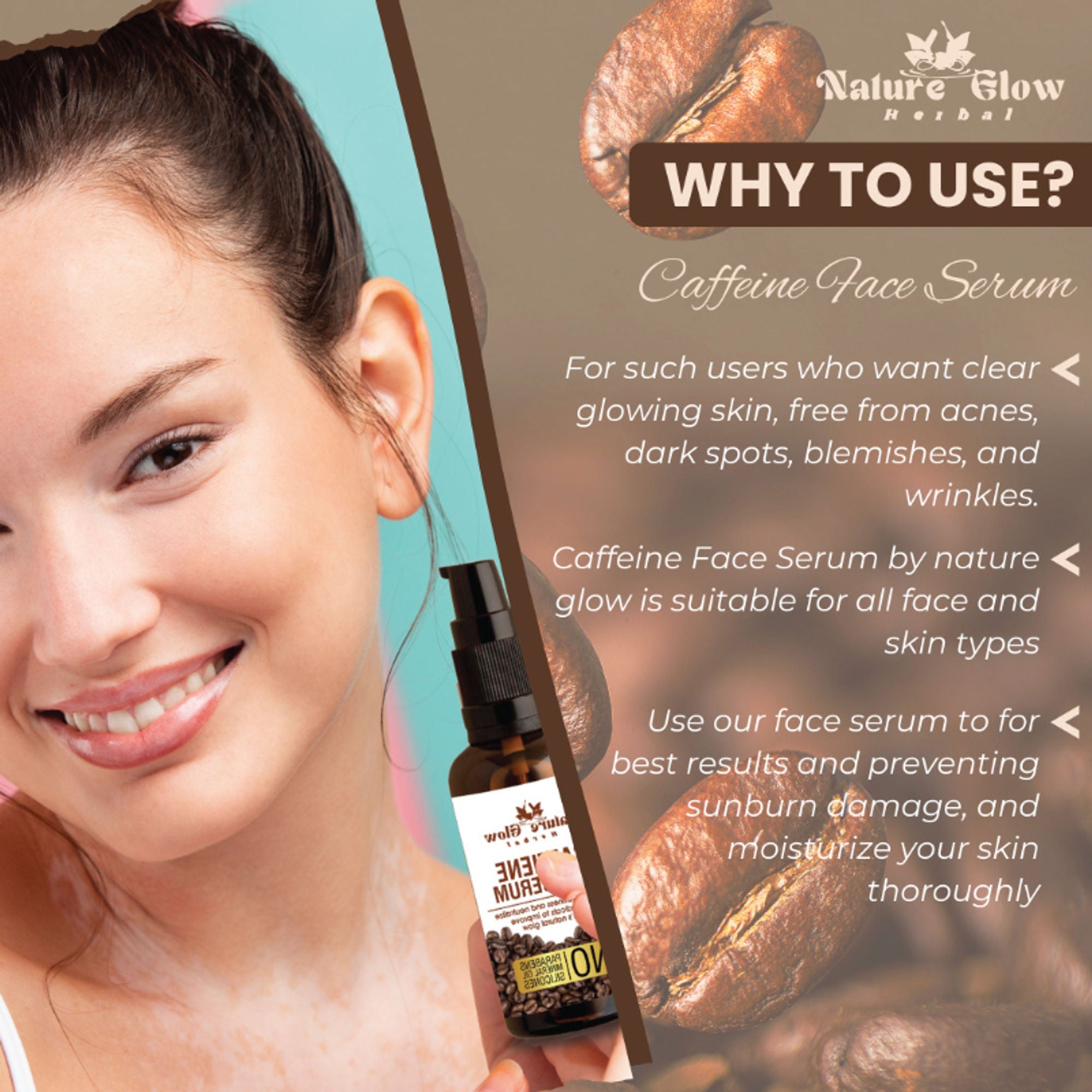 Nature Glow Herbal Caffeine Face Serum Hydrating Face Serum For Glowing Skin | Grocsy