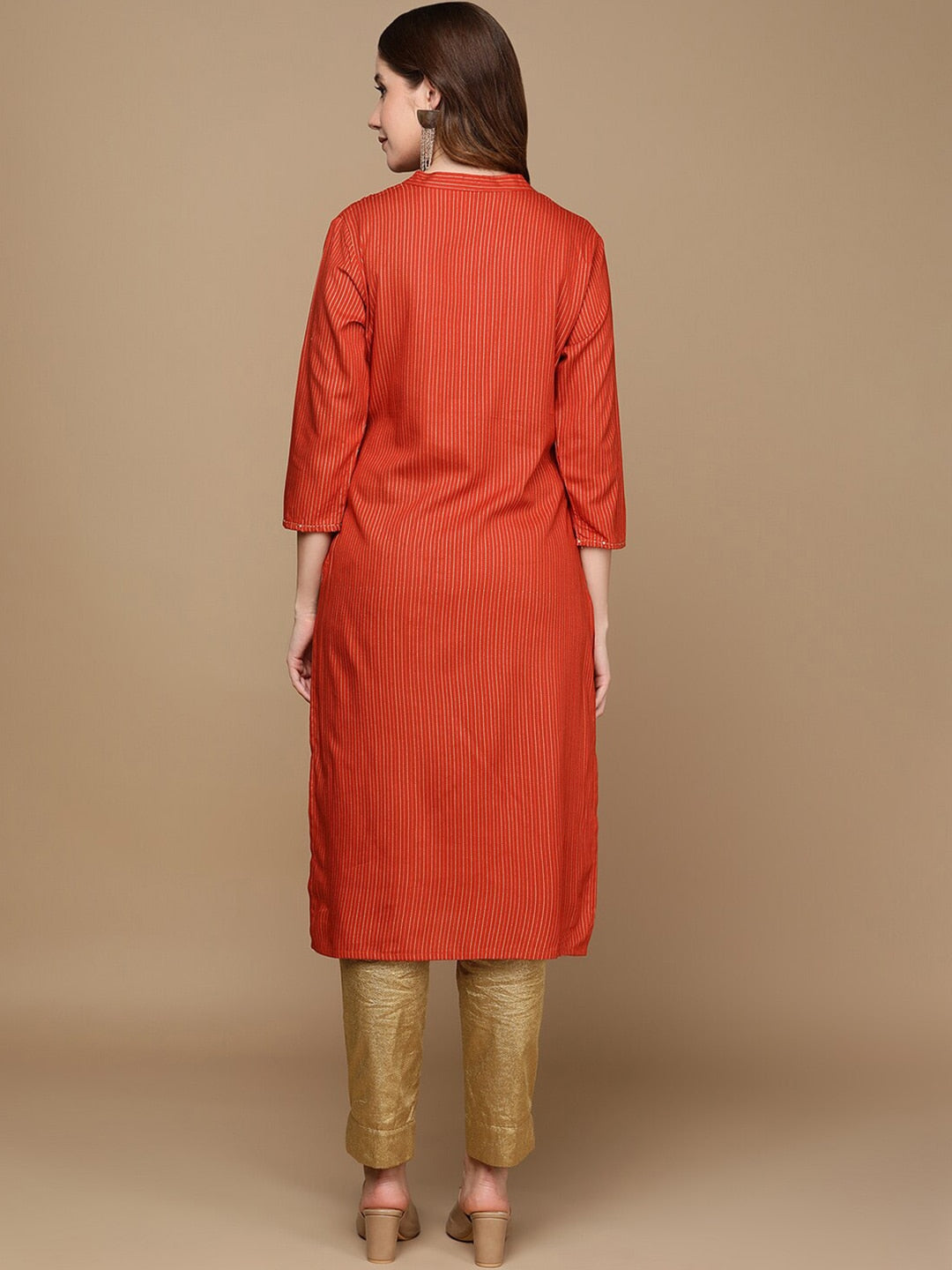 HERE&NOW Orange & Gold-Toned Mandarin Collar Striped Sequined Straight Kurta | Grocsy