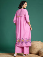 Sangria Ethnic Motifs Printed Embroidered Pure Cotton Kurta with Palazzos | Grocsy