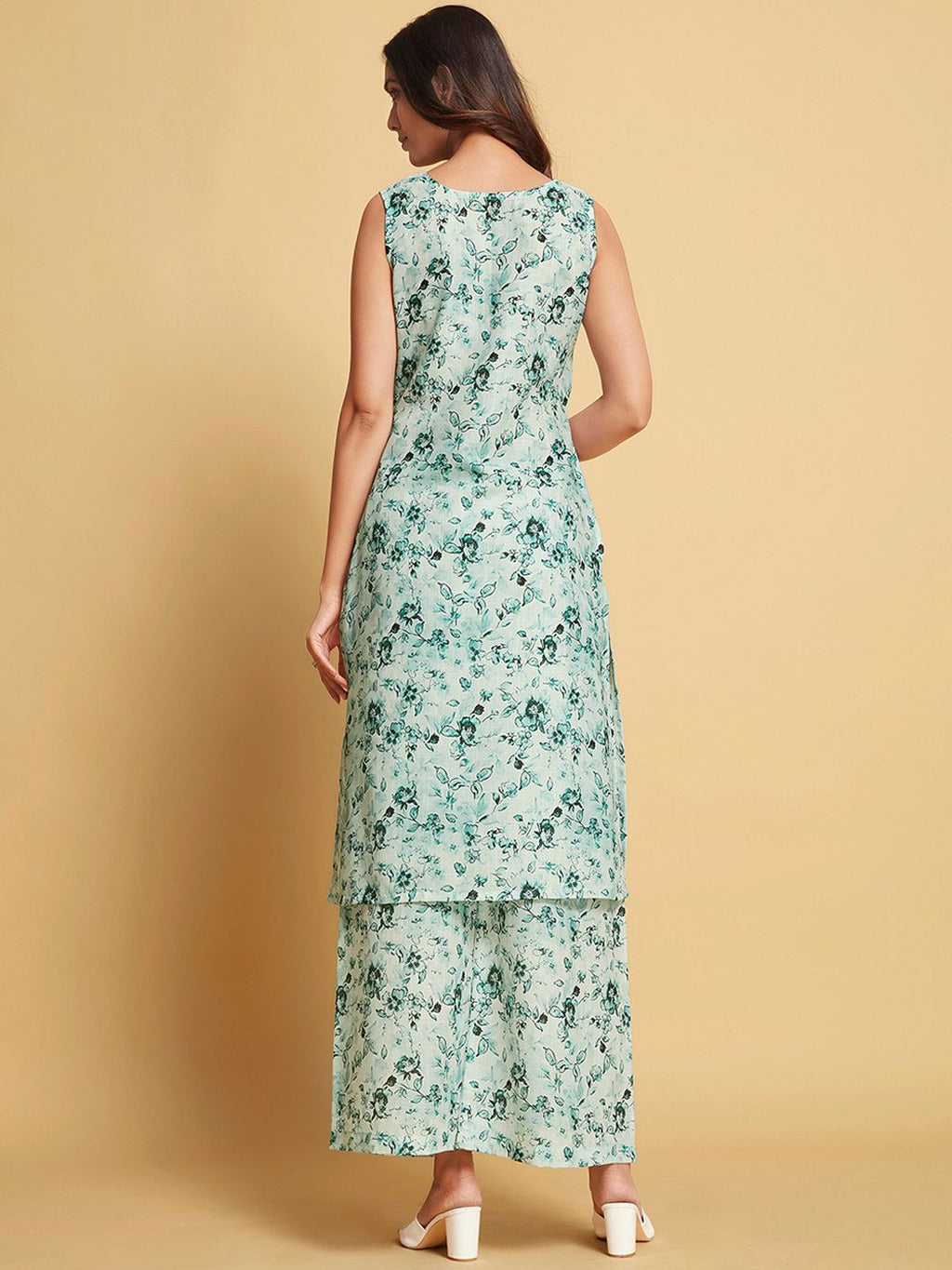 Sangria Green Floral Printed Sleeveless Straight Linen Kurta & Palazzo | Grocsy