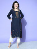 All About You Women Blue Embroidered Regular Mirror Work Liva Kurta with Trousers | Grocsy