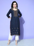 All About You Women Blue Embroidered Regular Mirror Work Liva Kurta with Trousers | Grocsy