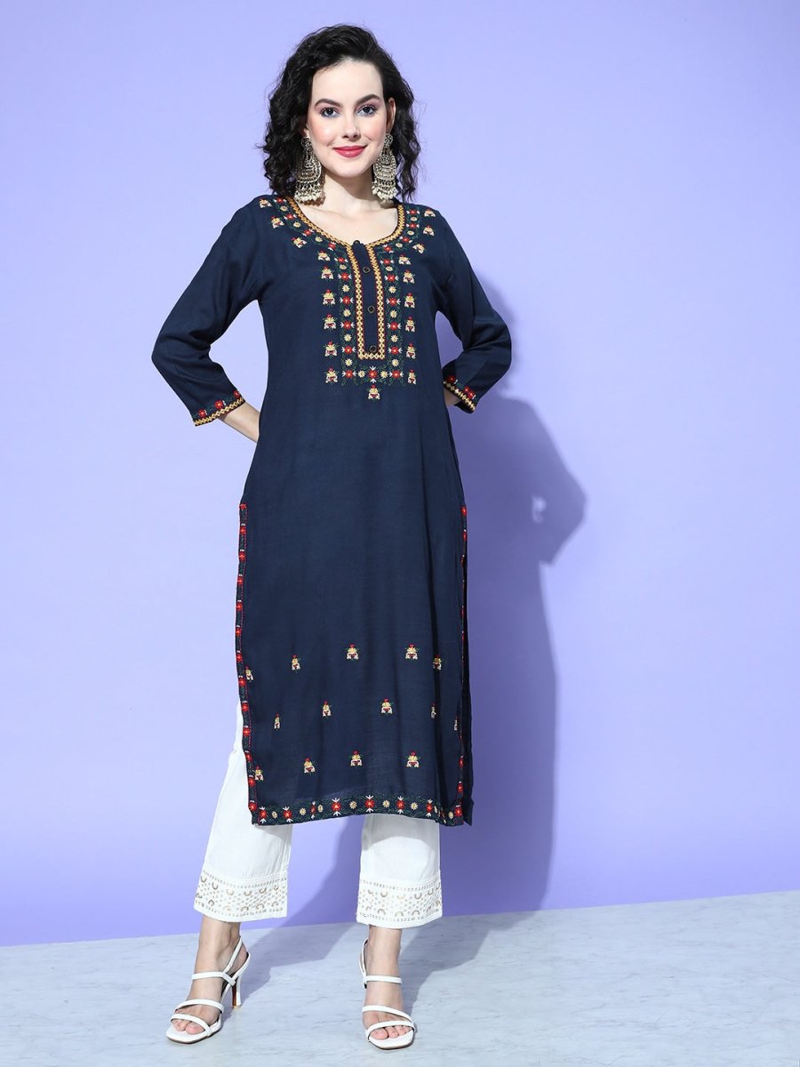 All About You Women Blue Embroidered Regular Mirror Work Liva Kurta with Trousers | Grocsy