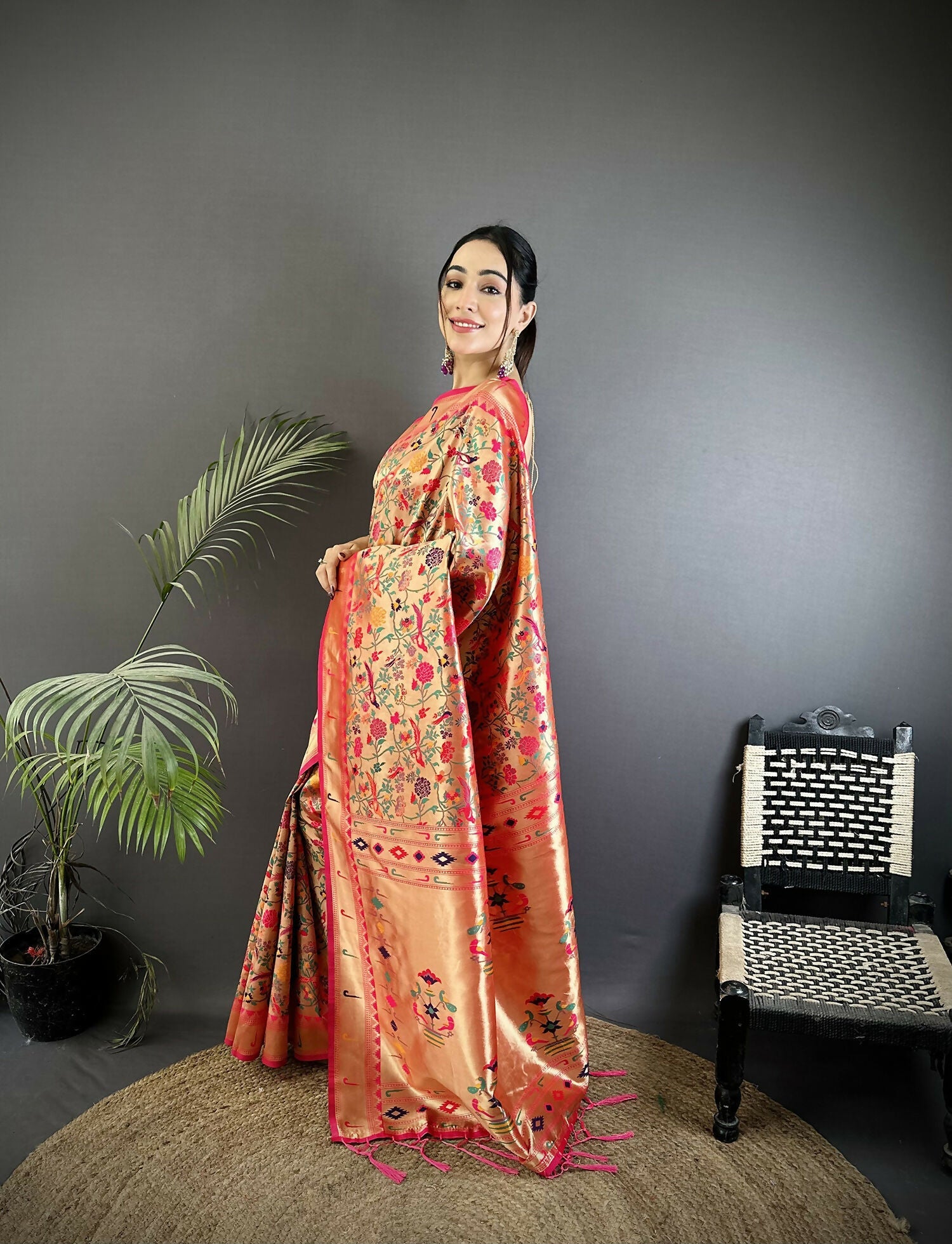 Joban Fashion Rani Pink Floral & Leaf Designs Soft Silk Paithani Saree | Grocsy