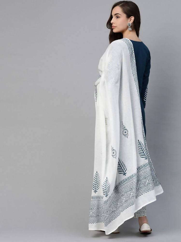 YuftaWomen Navy Blue & White Yoke Design Thread Work Cotton Kurta with Palazzo & Dupatta | Grocsy