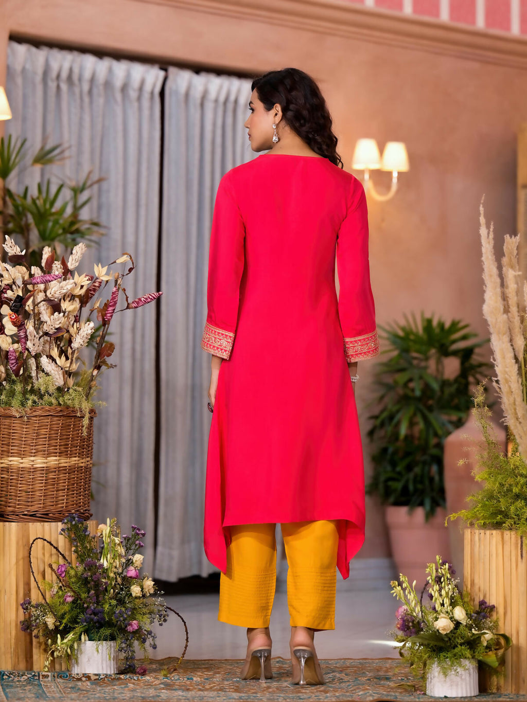Juniper Women's Fuchsia Zari Embroidered Viscose Kurta & Pant Set With Sequins | Grocsy