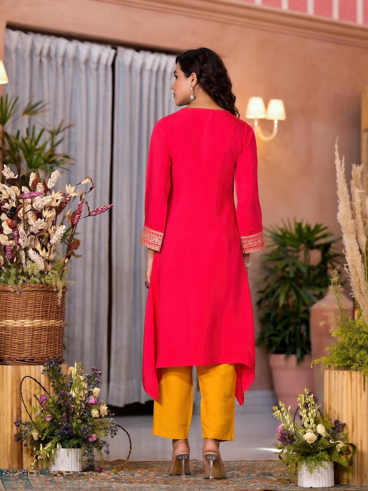 Juniper Women's Fuchsia Zari Embroidered Viscose Kurta & Pant Set With Sequins | Grocsy