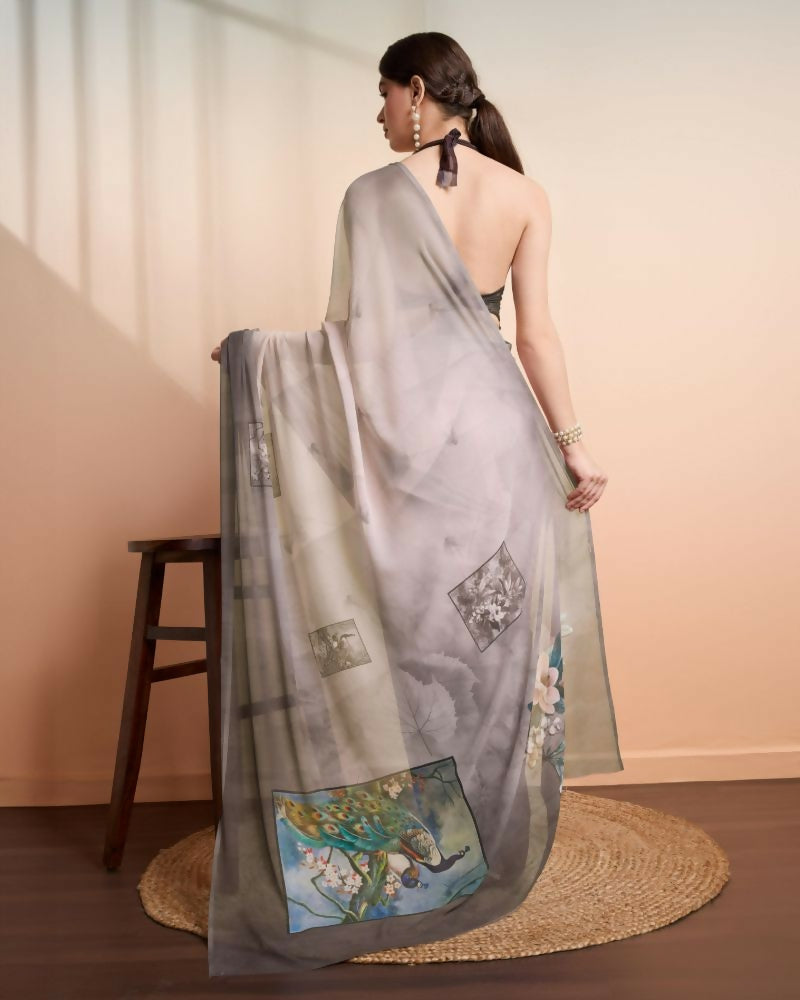 Grey Georgette Designer Printed Party Wear Saree - Cinderella | Grocsy