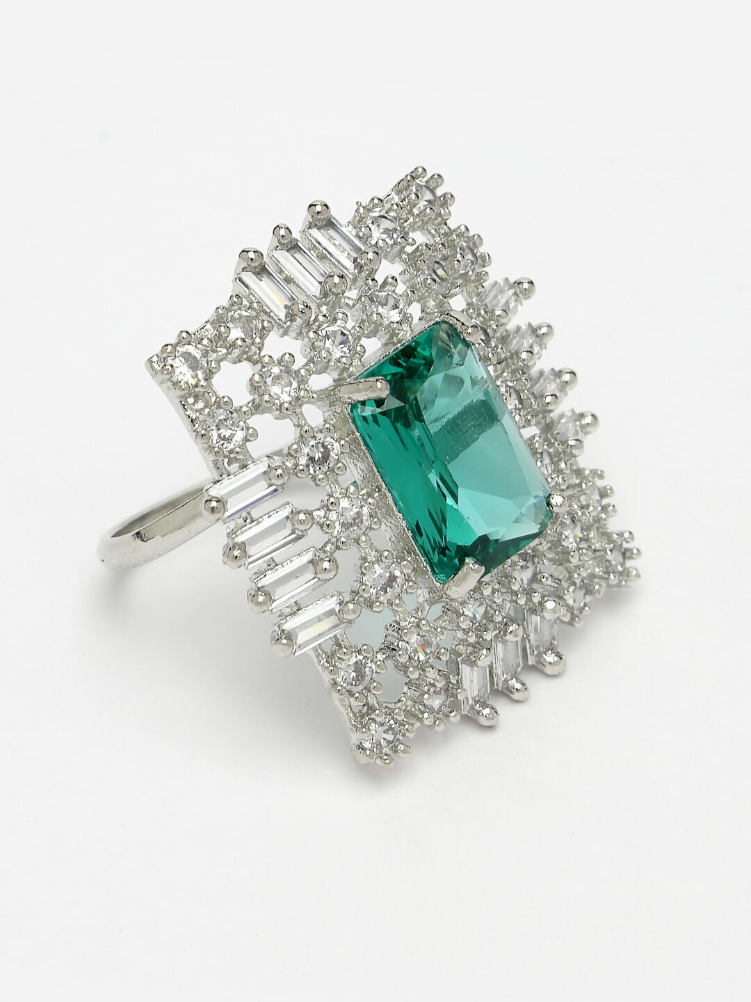 NVR Women's Green & Silver CZ-Studded Square-Shaped Adjustable Finger Ring | Grocsy