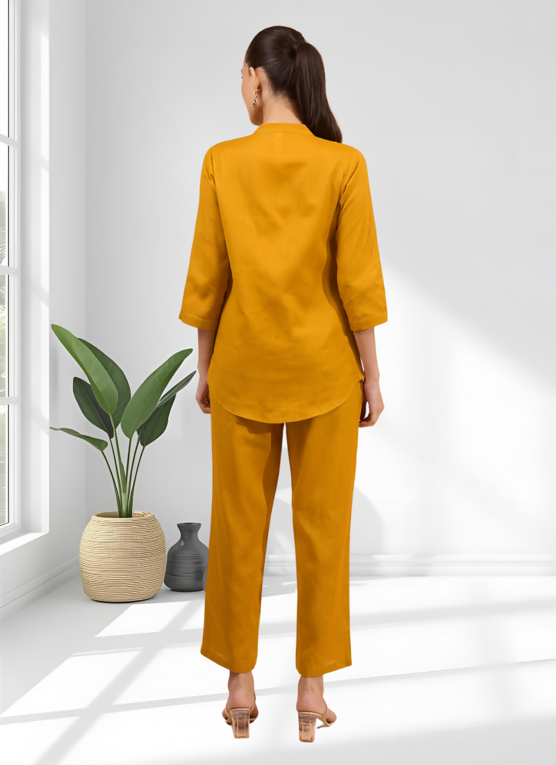 Joban Fashion Mustard Cotton, Linen Embroidered Readymade Cord Set | Grocsy