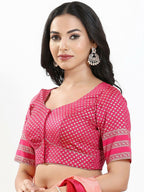 Joban Fashion South Pink Brocade Padded Blouse With Round Neck Elbow Sleeves | Grocsy