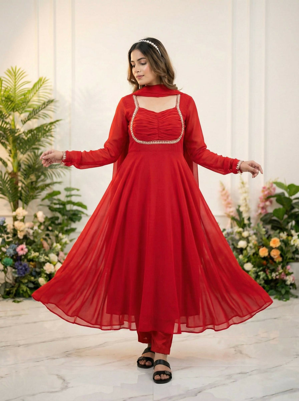 Teeya Creation Womens New Fancy Fox Georgette Heavy Quality Fabric With Handwork Red Gown Set | Grocsy