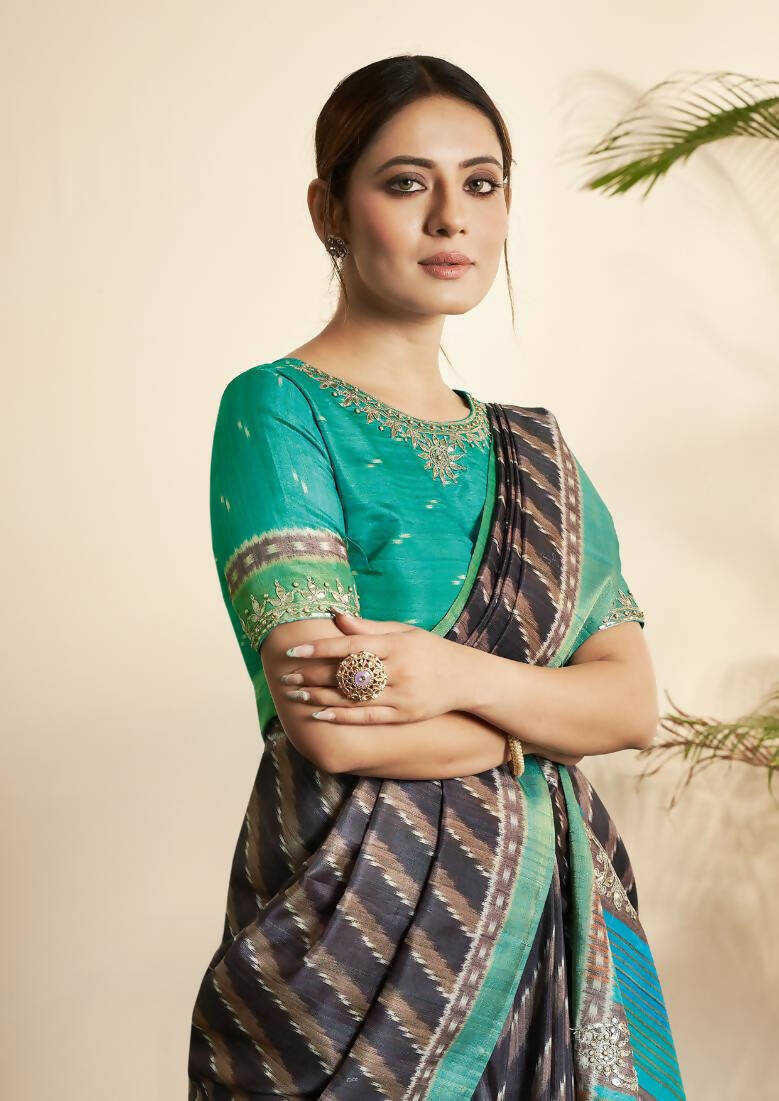 Navy Blue Bhagalpuri Silk Stripe printed with Stone Work & Hand Work Saree - Norita Nirvi | Grocsy