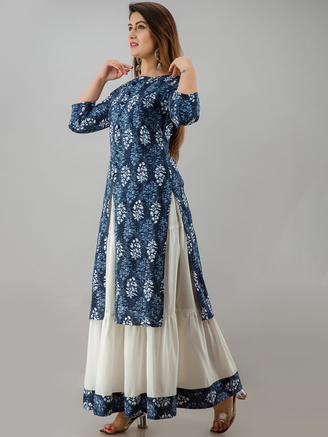 HERE&NOW Blue & White Boat Neck Floral Printed Kurta with Skirt | Grocsy
