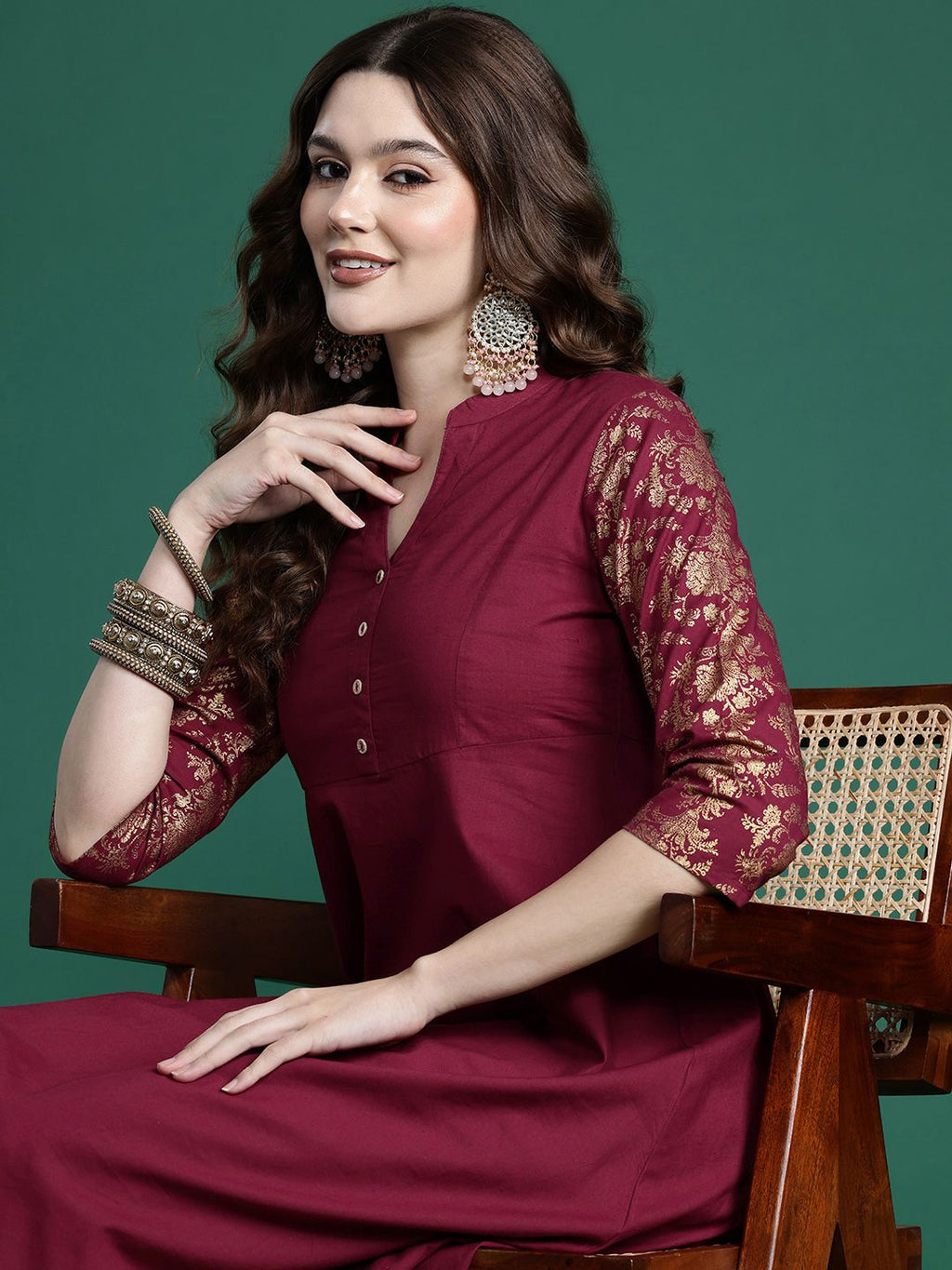 Sangria Printed Sleeves A-Line Pure Cotton Kurta | Grocsy