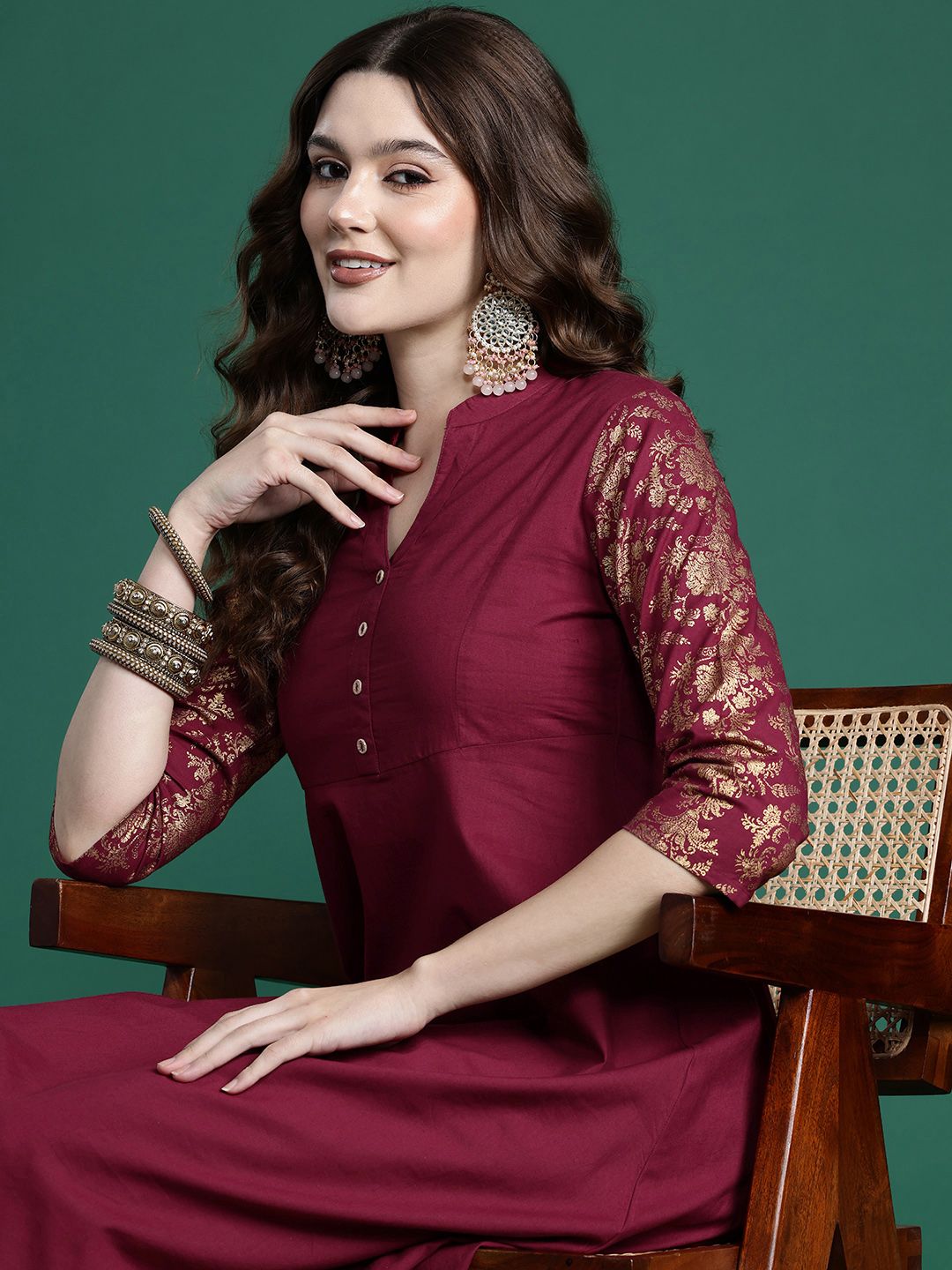 Sangria Printed Sleeves A-Line Pure Cotton Kurta | Grocsy