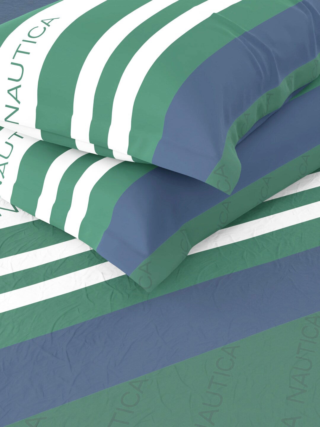 Nautica Bradford Blue & Green Striped 160 TC Pure Cotton King Bedsheet & 2 Pillow Covers | Grocsy