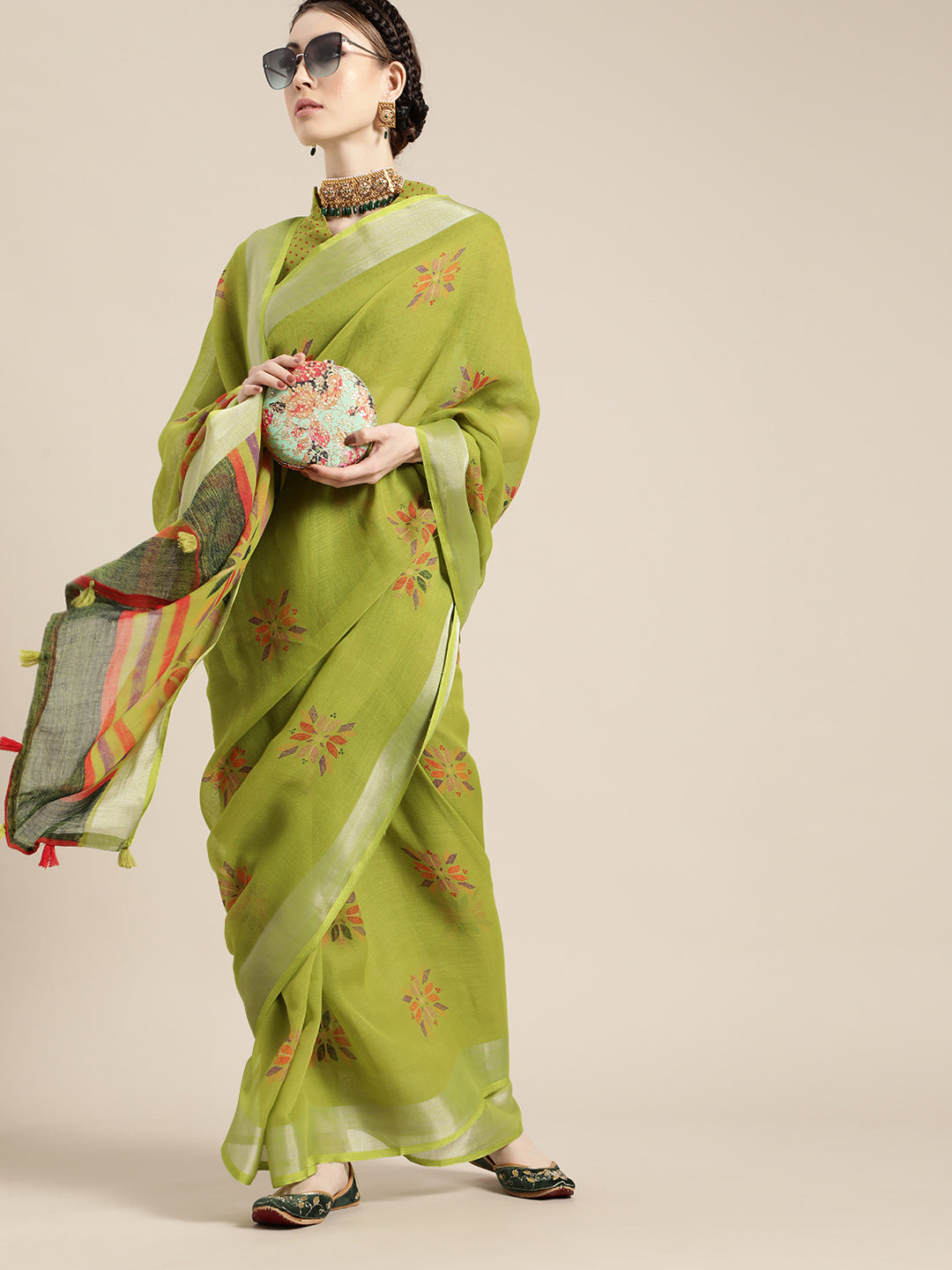 Saree Mall Saree Mall Elegant Green and Orange Linen Blend Saree | Grocsy