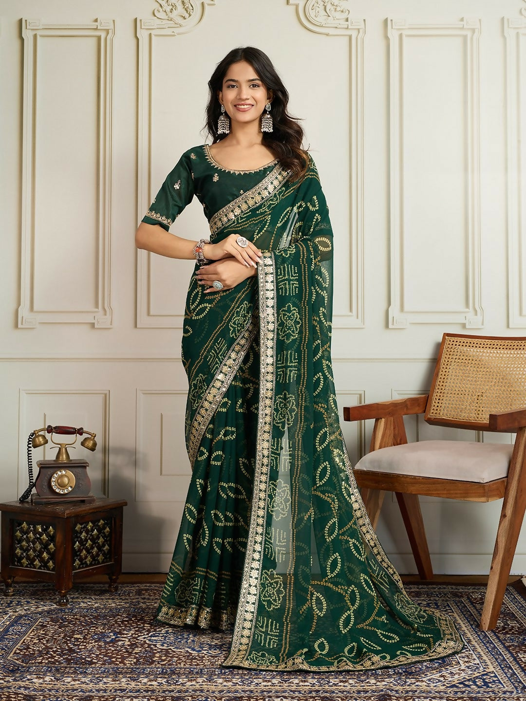 Ai Fashion Dark Green Georgette Rajwadi Bandhani Print Party Wear Saree | Grocsy