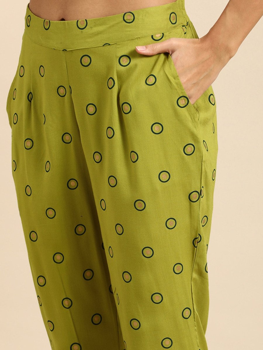 All About You Women Olive Green Ethnic Motifs Printed Empire Kurta with Trousers | Grocsy
