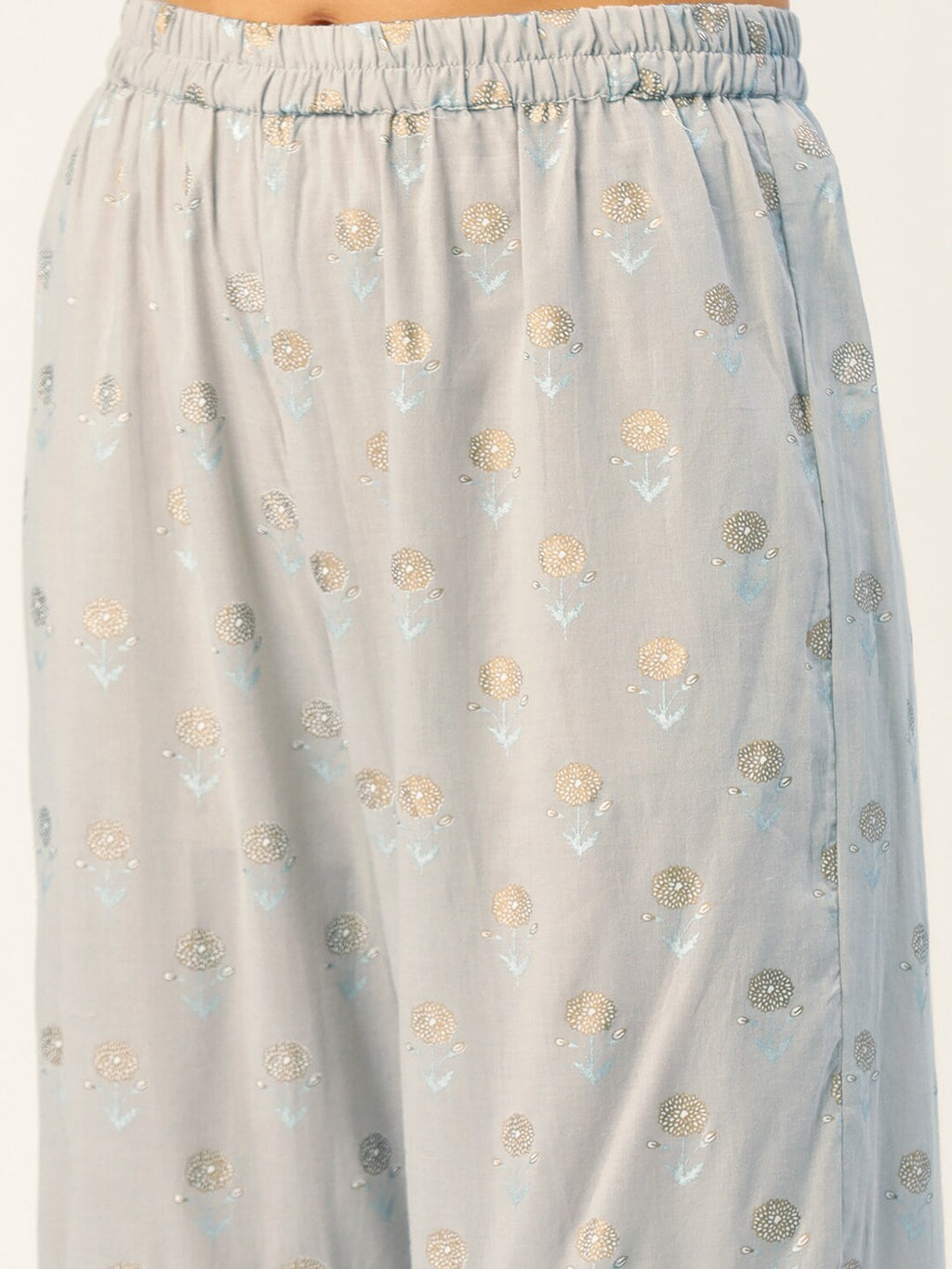 HERE&NOW Women Grey Floral Printed Panelled Gotta Patti Pure Cotton Kurti with Sharara With Dupatta | Grocsy