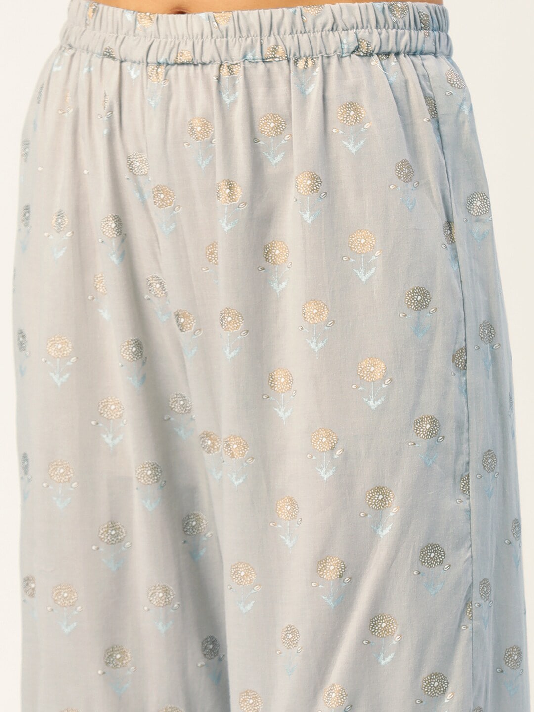 HERE&NOW Women Grey Floral Printed Panelled Gotta Patti Pure Cotton Kurti with Sharara With Dupatta | Grocsy