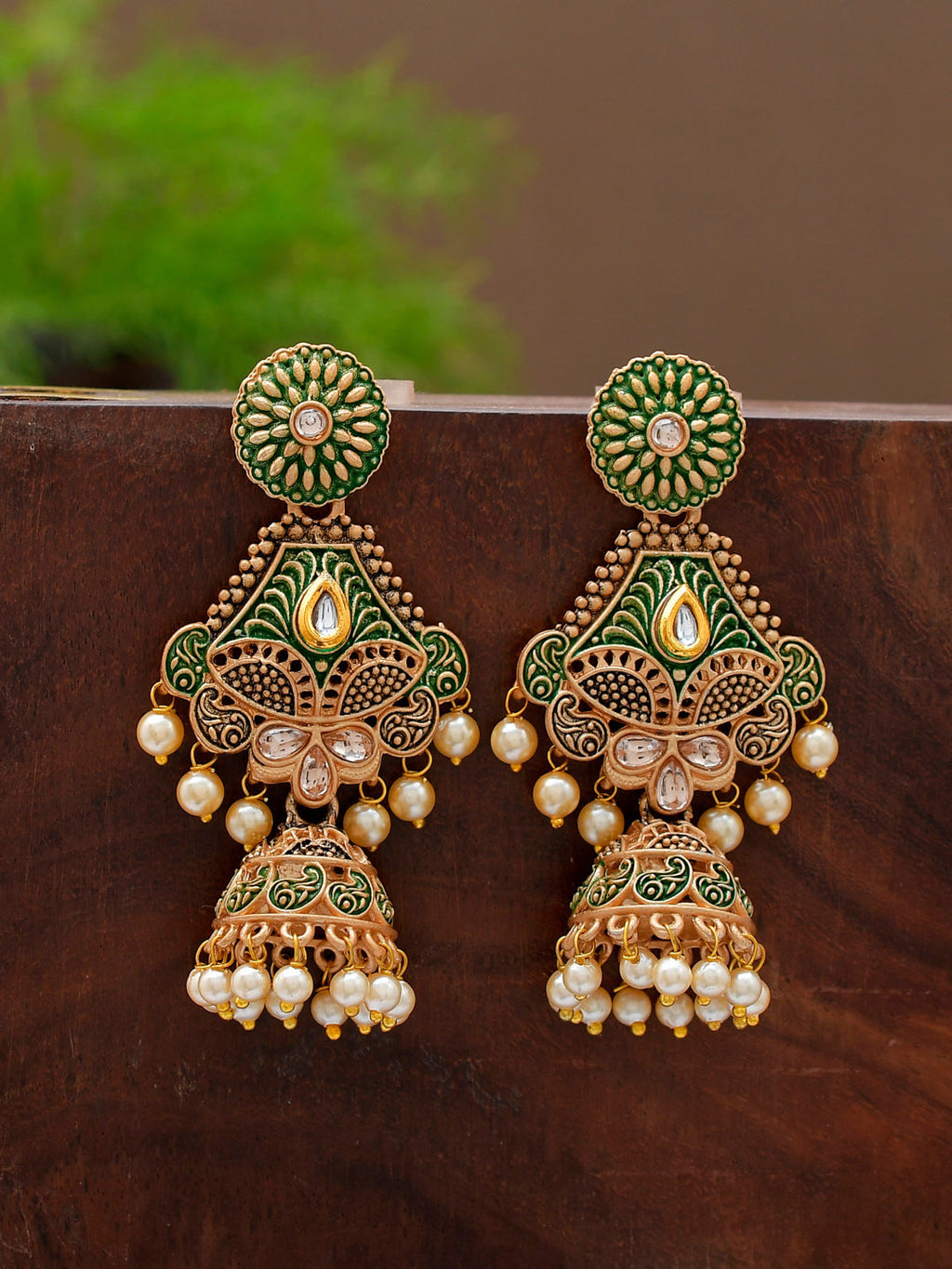 Shoshaa Green & Gold-Toned Contemporary Jhumkas Earrings | Grocsy