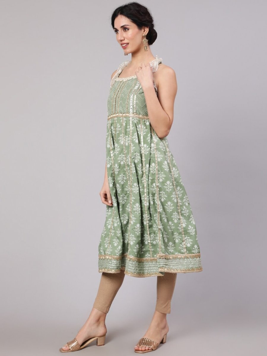 Aks Floral Printed Shoulder Straps Empire Gotta Patti Pure Cotton Kurta | Grocsy