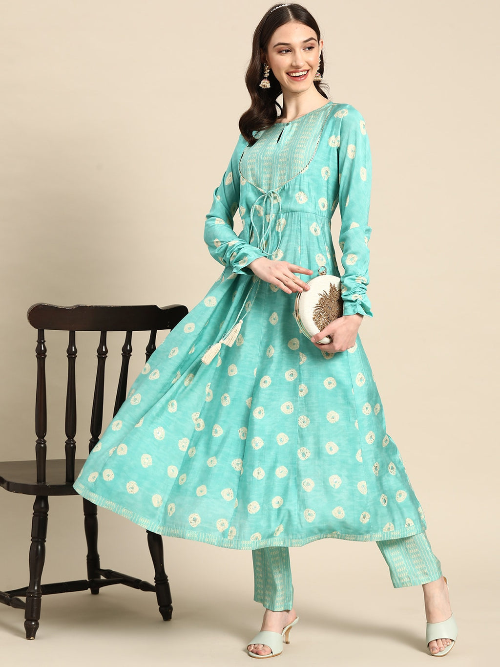 Sangria Women Ethnic Motifs Printed Empire Gotta Patti Kurta with Trousers | Grocsy