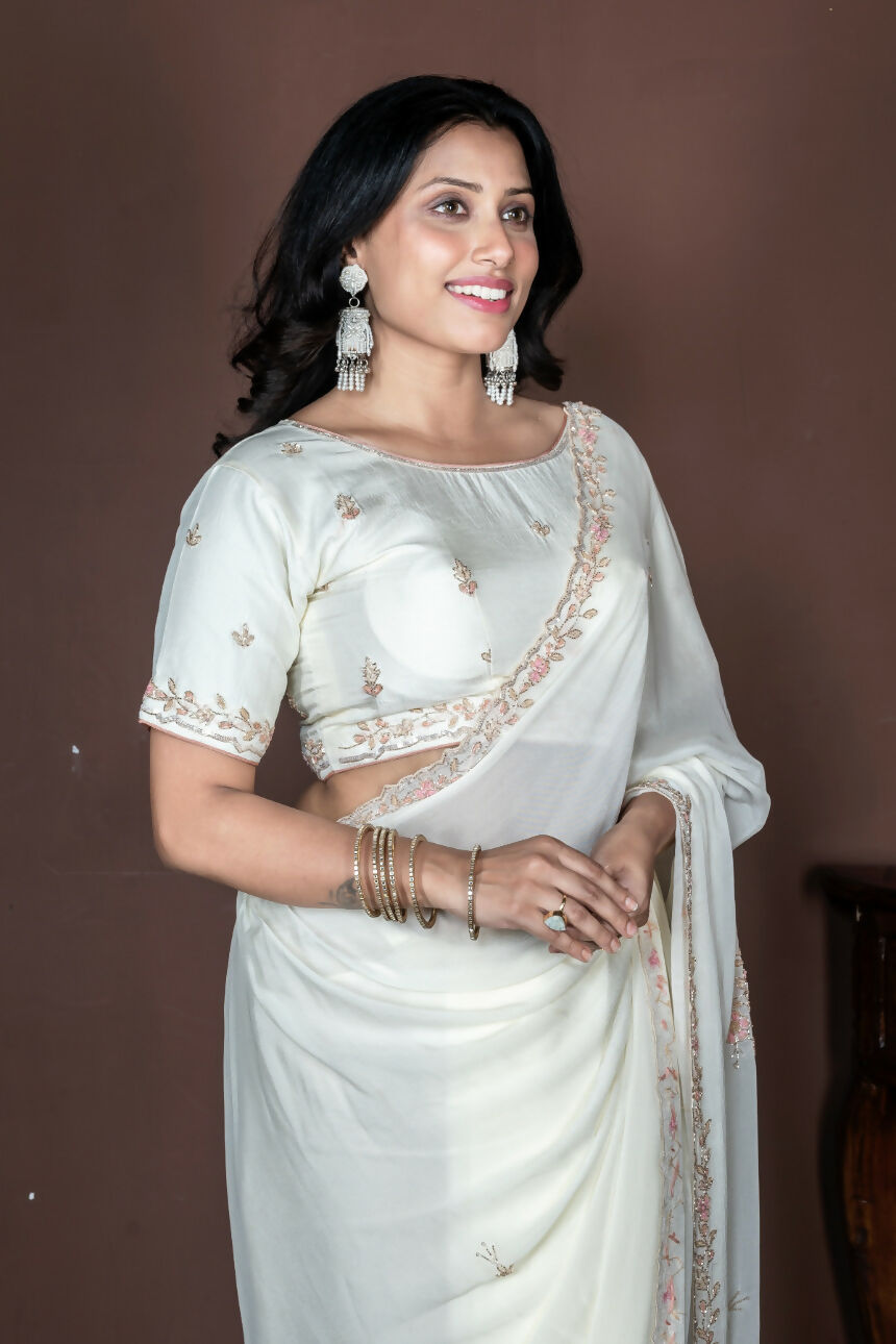 Morchari Off White Chiffon Hand Embroidery Saree And Stitched Blouse | Grocsy